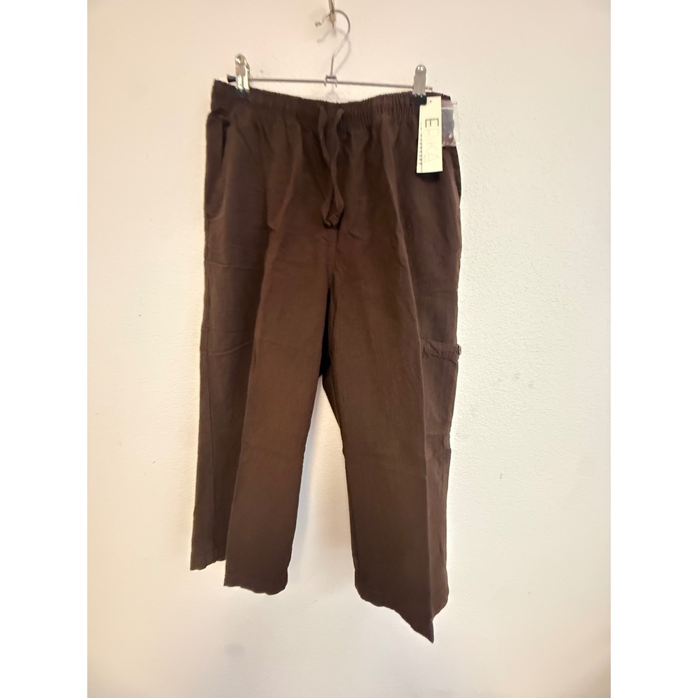 Erika Petite PM Brown Pull On Cropped Pants 100% Cotton Elastic Waist NWT